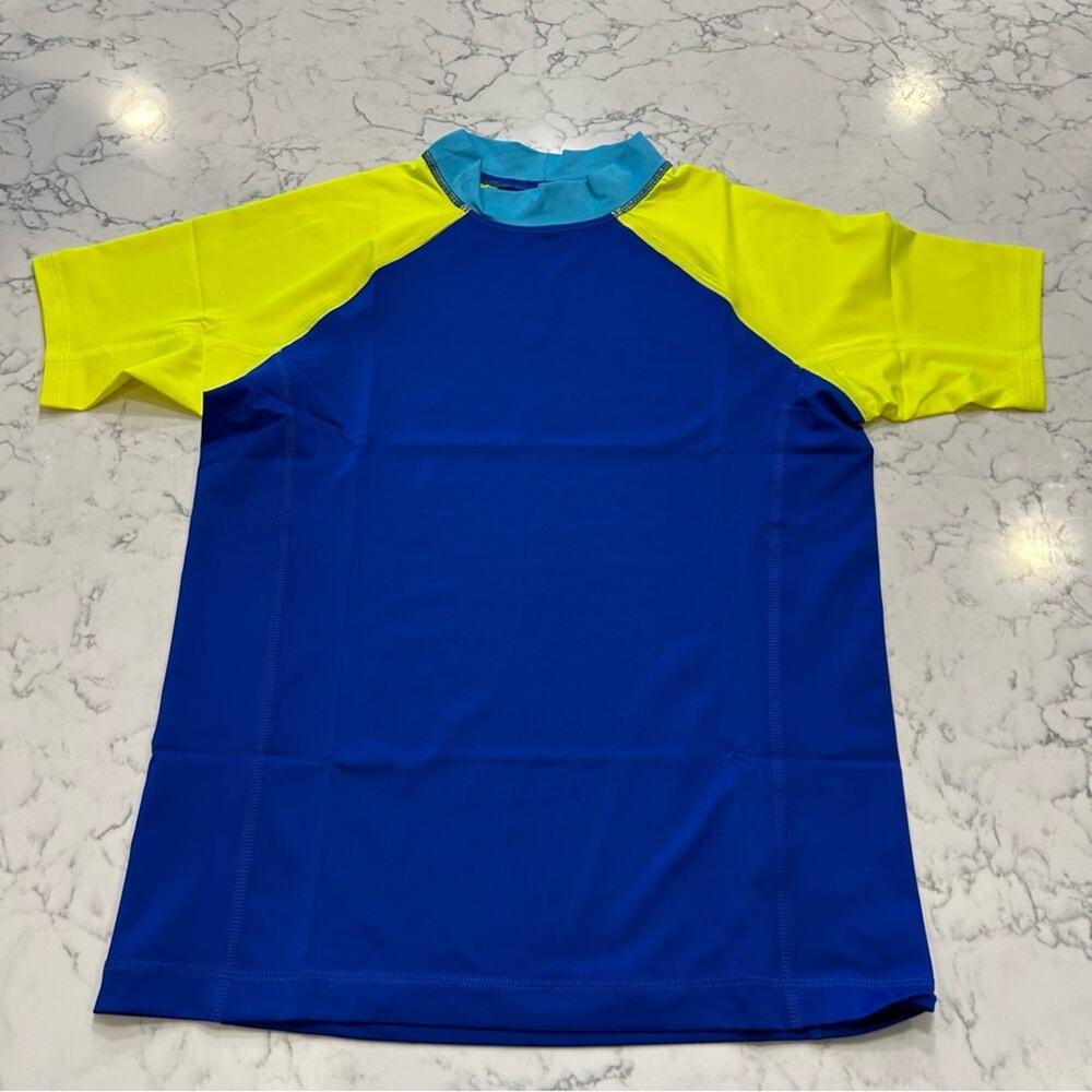 NWOT Lands End Blue Neon Yellow Short Sleeve Rash Guard Swim Shirt Large Youth